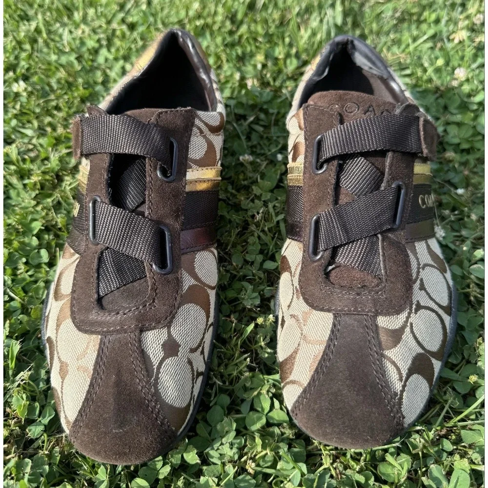 Coach Women's Signature Canvas Hook & Loop Sneakers Brown Khaki Logo Shoes